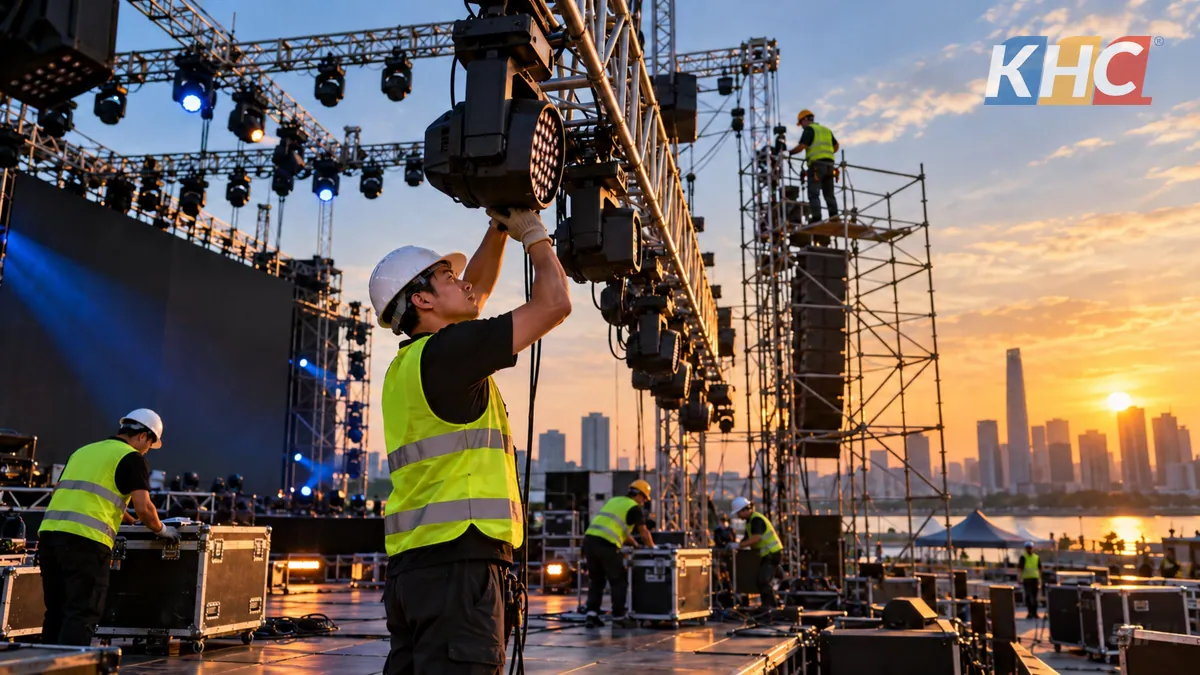 An outdoor concert stage with truss lighting and LED screens
