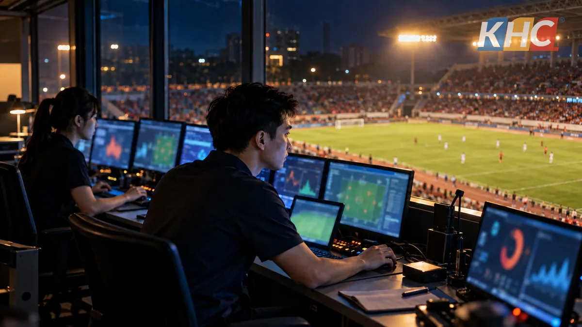 A working meeting in a room overlooking the pitch